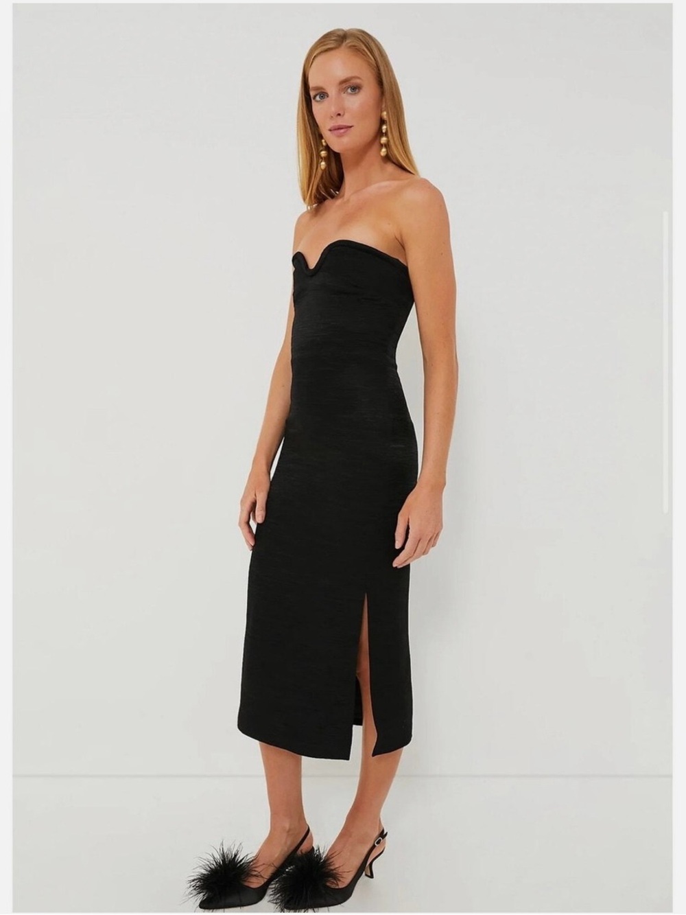 Moon River Strapless Black Midi Dress with Side Slits
